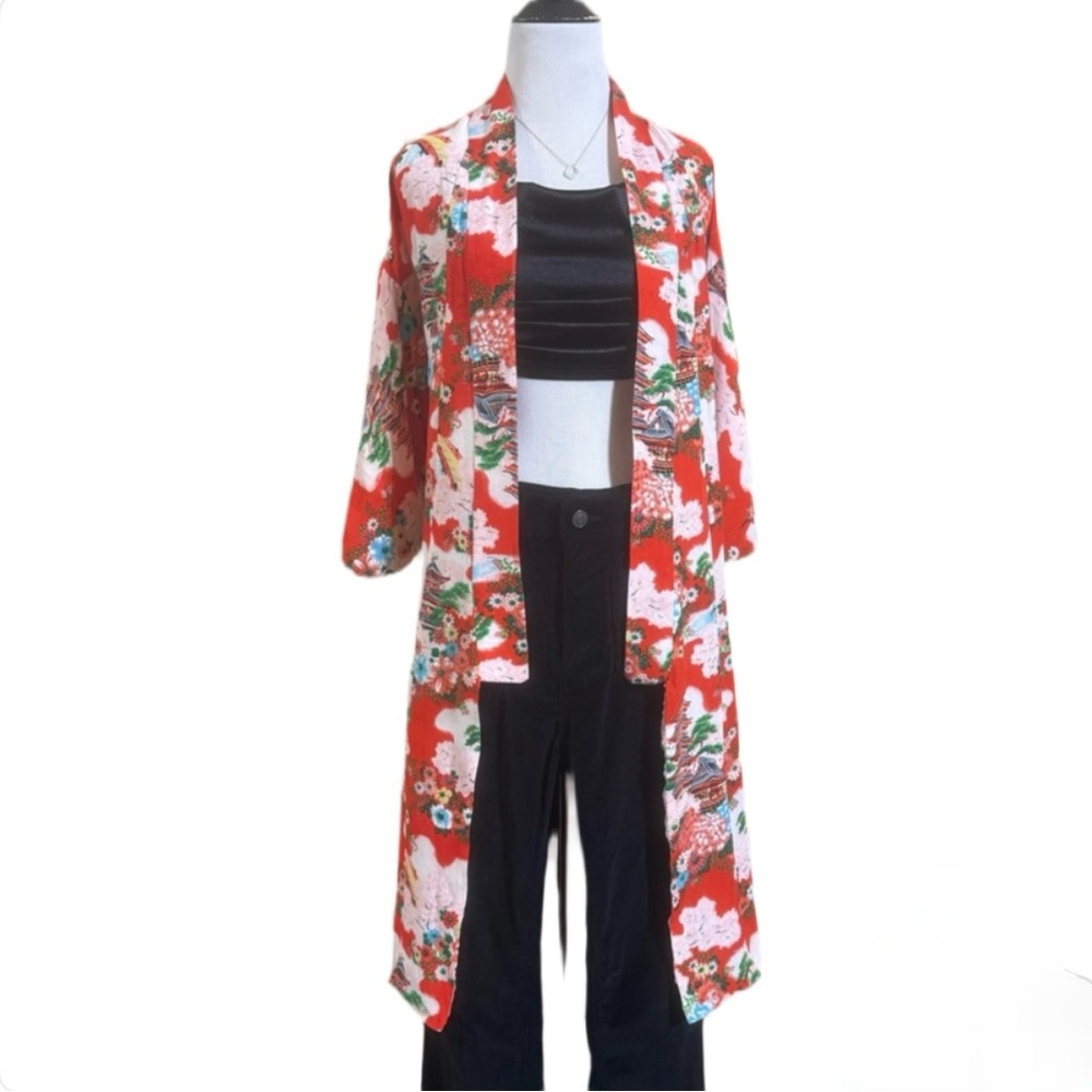 Vintage Classic Red Floral Kimono Cardigan Sz M